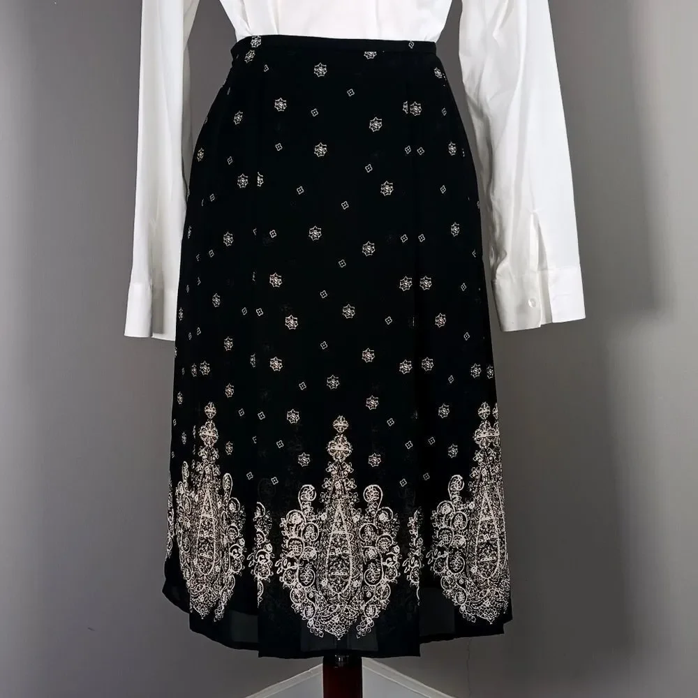 JONES WEAR Midi Skirt Box Pleats Lined Sheer Black White Print Petite Size 4
